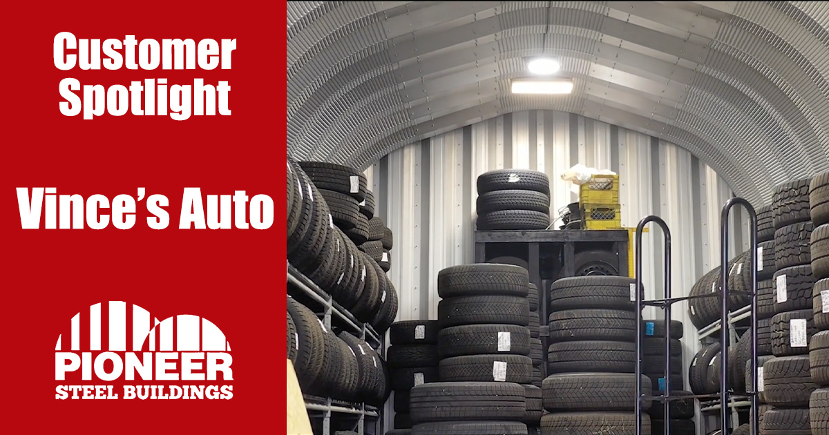Tire storage in a Pioneer Steel building at Vince's Auto